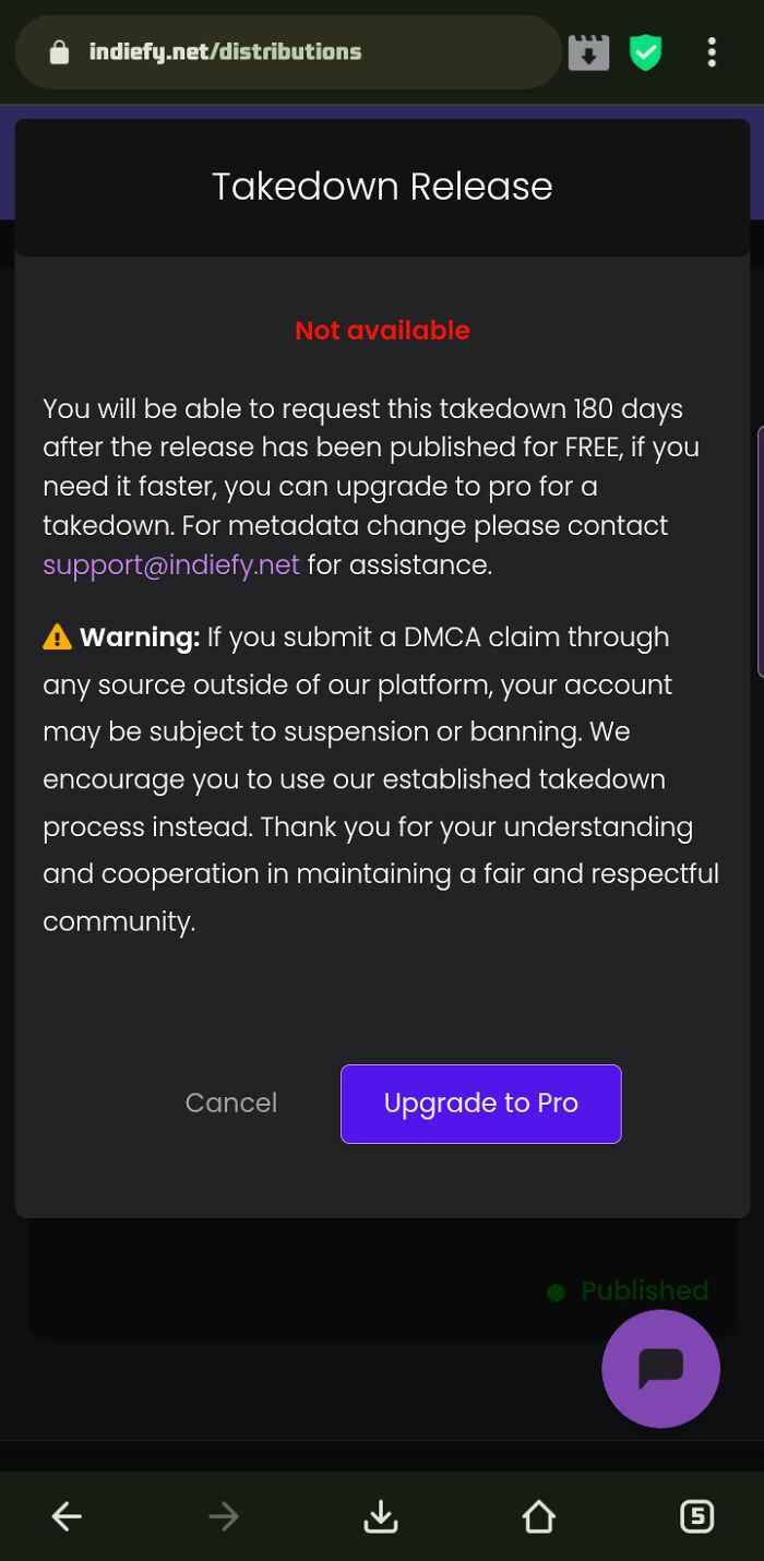 Takedown release not available message on a website warning about DMCA claims and pro upgrade option.