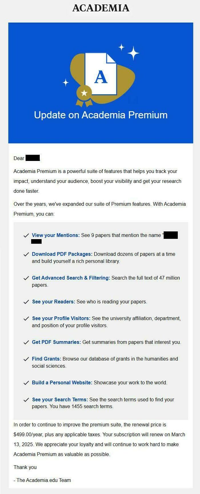 Email update about Academia Premium features and subscription details for academic research tools and visibility.