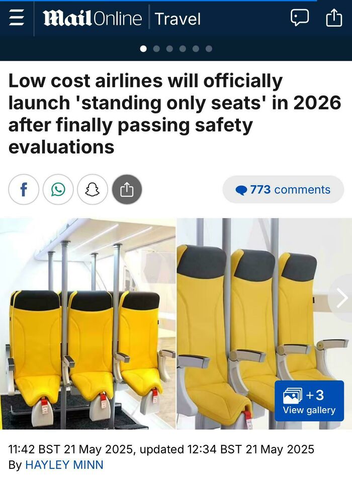 Standing only seats design in low cost airlines marked as genuinely evil by users and safety evaluations.