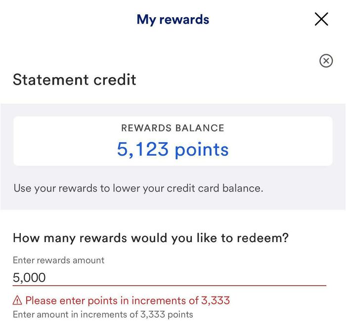 Credit card rewards redemption screen showing balance and error for incorrect points increment entry.