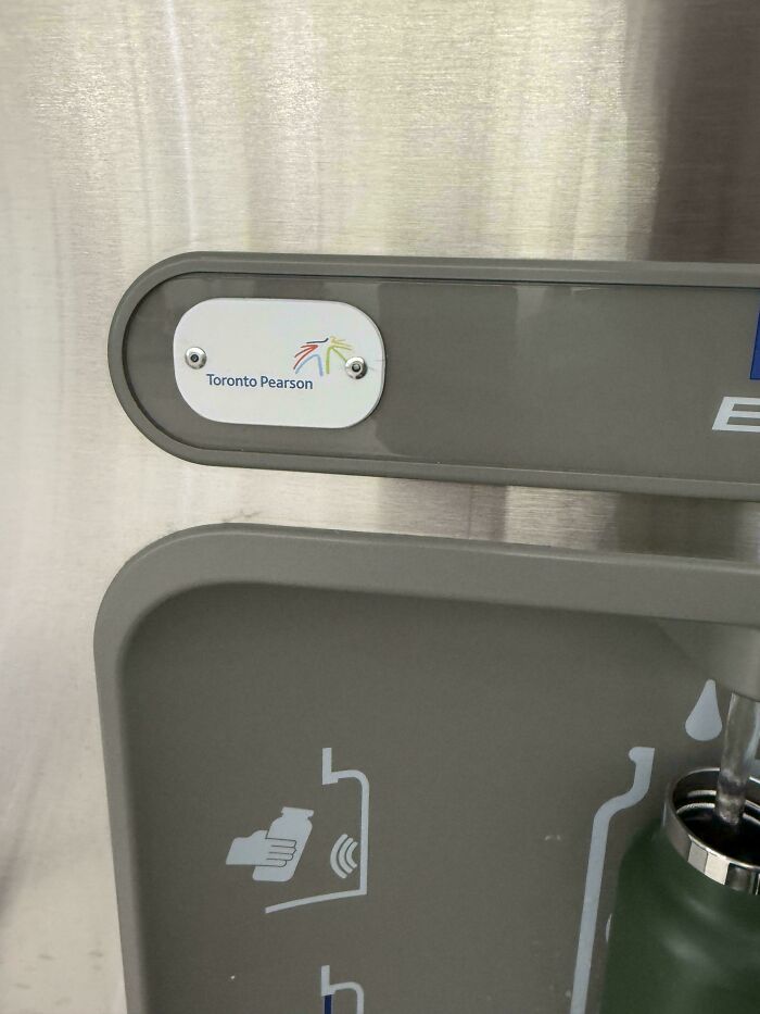 Water refill station at Toronto Pearson with a sensor-activated design highlighting advertising in everyday objects.