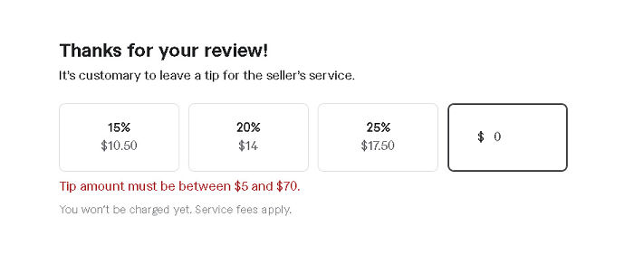 Tip options on a payment screen with a warning that tip must be between $5 and $70, illustrating design that feels genuinely evil.