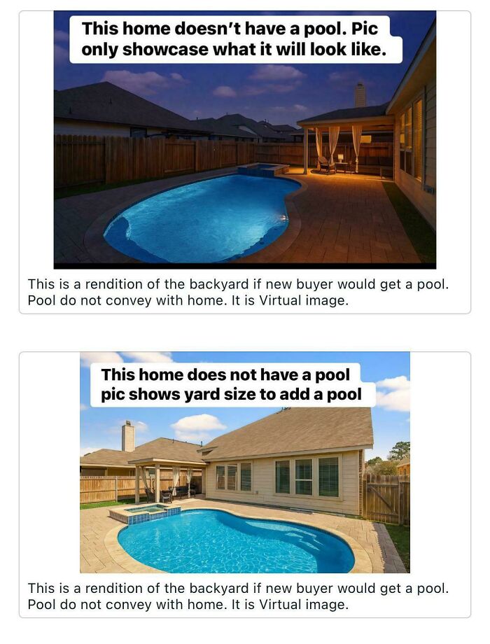 Virtual images showing backyard pool addition that feels genuinely misleading in home advertising design examples.