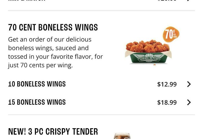 Menu showing 70 cent boneless wings with pricing, illustrating design that feels genuinely evil in advertising.