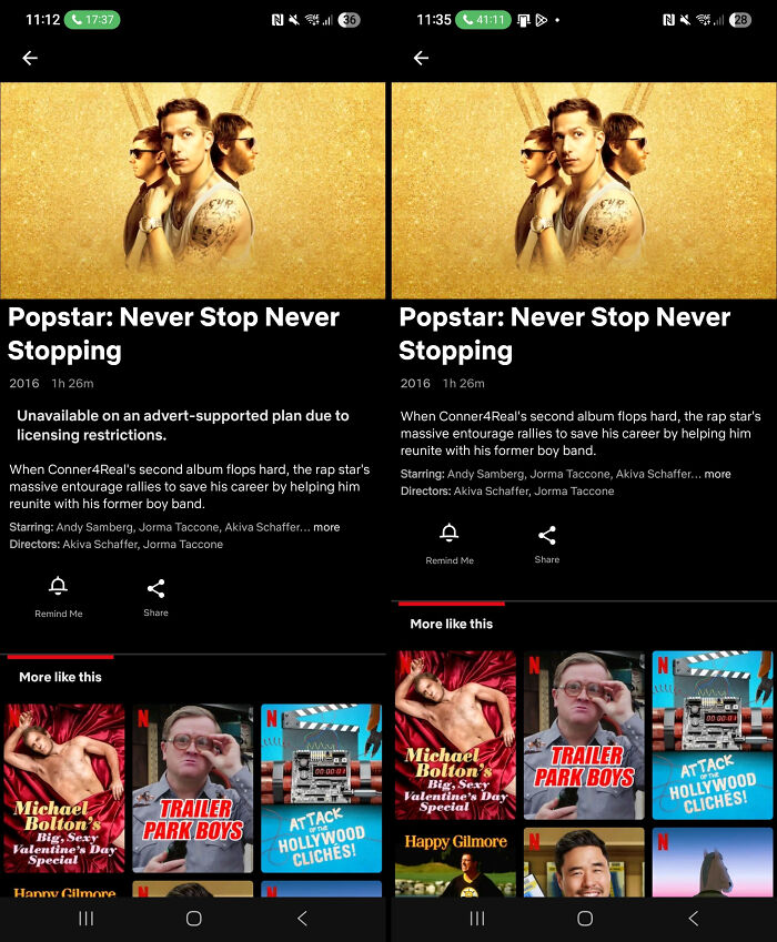 Two phone screens showing a movie titled Popstar with ads and without ads, illustrating evil design examples.