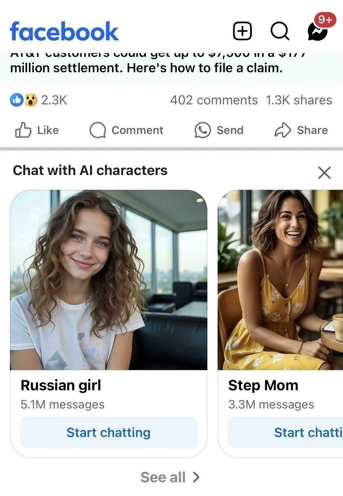 Facebook interface showing chat options with AI characters alongside social media interaction icons and notifications.