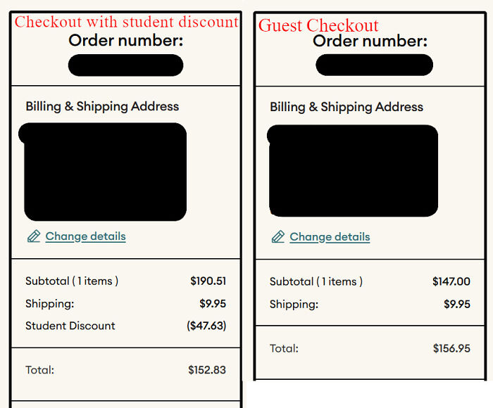 Comparison of checkout pages showing student discount versus guest checkout highlighting deceptive design tactics.