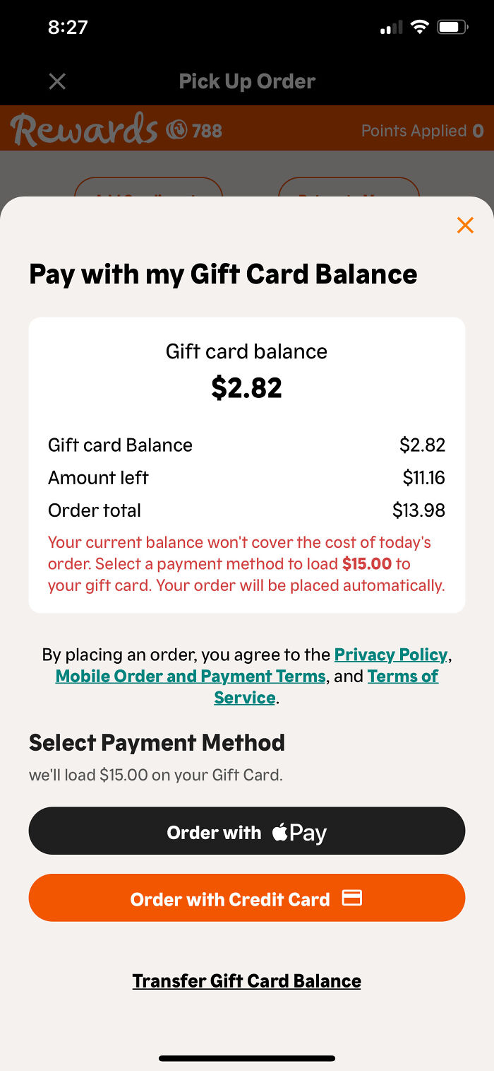 Mobile app screen showing forced design to add $15 to gift card balance to complete order payment.