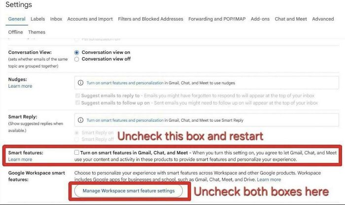Gmail settings showing how to disable smart features and personalization in Google Workspace for better privacy control.
