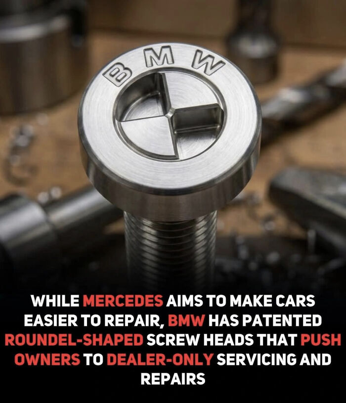 Roundel-shaped BMW s***w heads designed to limit car repairs to dealer-only servicing, illustrating genuinely evil design examples.