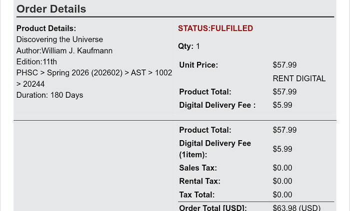 Order details for digital rental of Discovering the Universe, showing price, fees, and fulfillment status.
