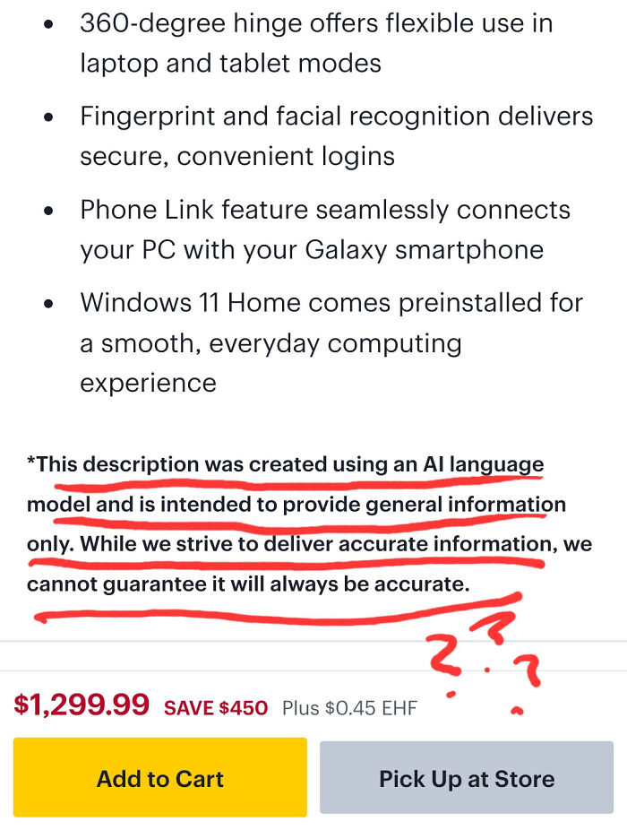 Text highlighting a disclaimer about AI-generated descriptions and product pricing on a shopping page, showcasing examples of design that feels genuinely evil.