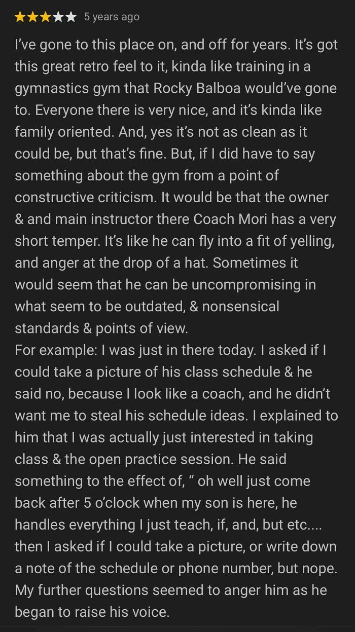 Five-star customer review showing a delusional attempt to settle issues via reviews with complaints about gym instructor behavior.