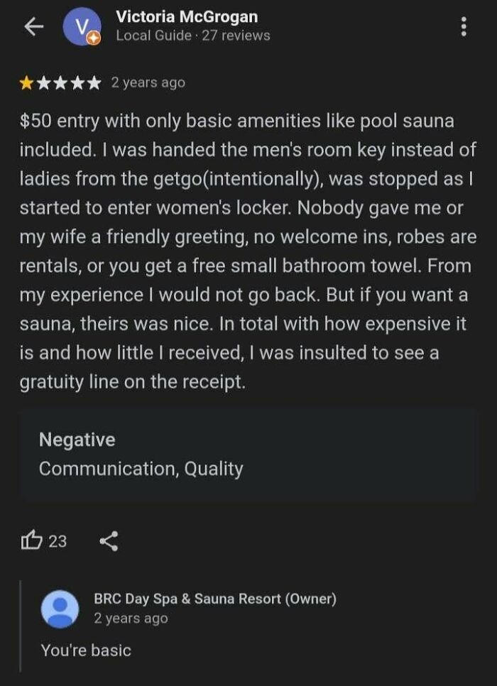 Screenshot of a delusional customer review complaining about a spa and sauna experience with owner’s blunt reply.