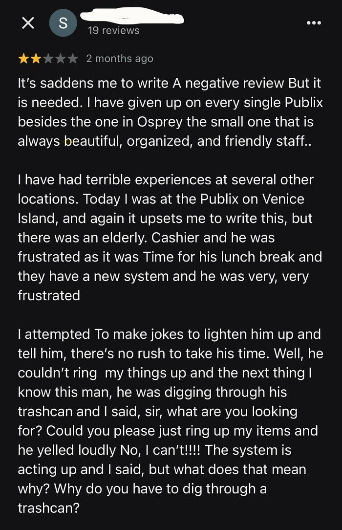 Screenshot of a delusional customer review describing frustration with a cashier and a new system at Publix.
