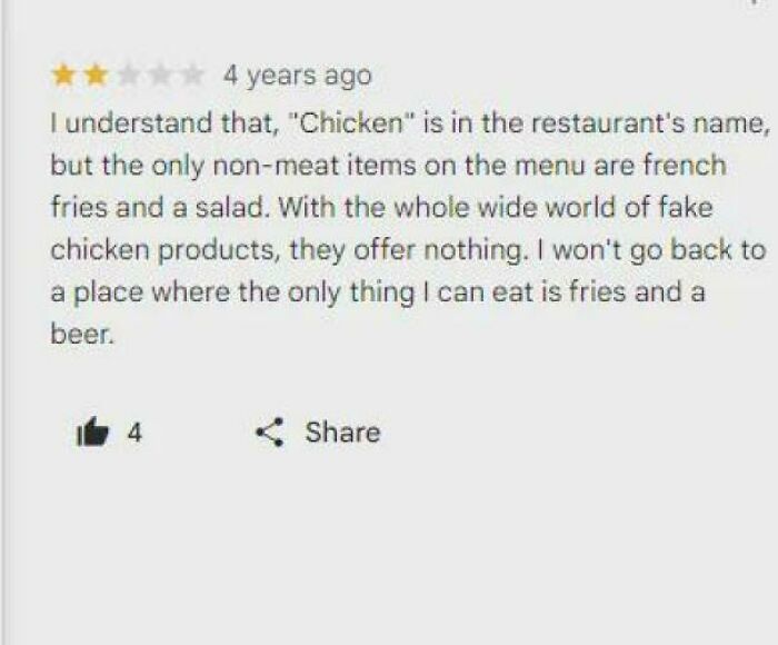 Customer review complaining about limited non-meat menu options, highlighting delusional customers in review disputes.
