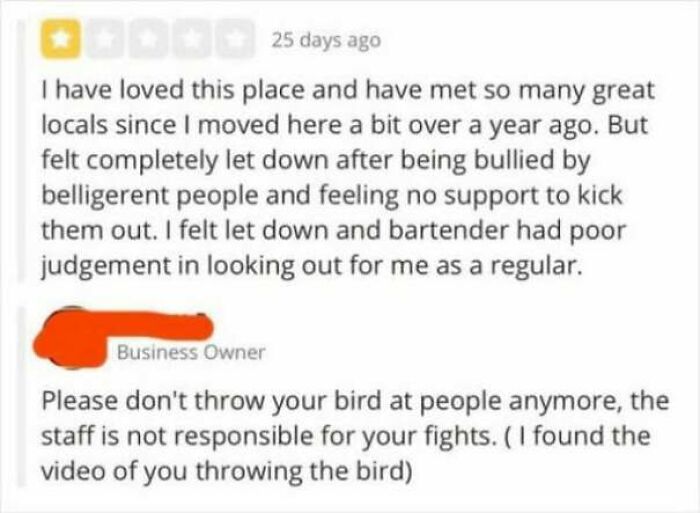 Customer review and business owner response showing a delusional customer dispute in a reviews setting.