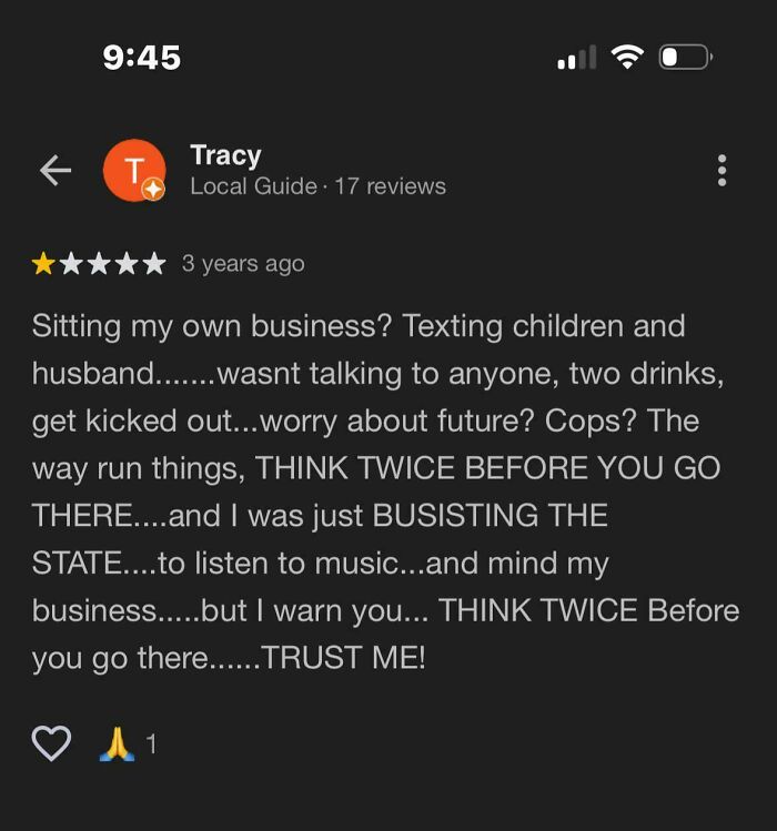 Screenshot of a one-star review by a delusional customer sharing a confusing complaint on a business review platform.