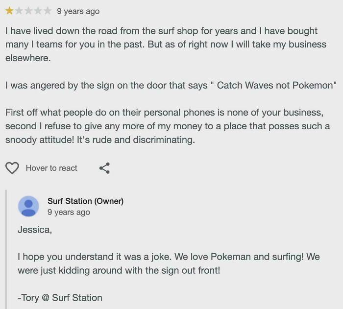 Customer leaves a one-star review angry about a joke sign, owner responds explaining it was meant humorously.