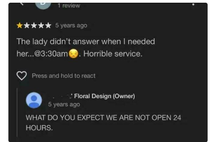 One-star review criticizing service hours with a frustrated customer and owner response about not being open 24 hours, showing delusional customers.