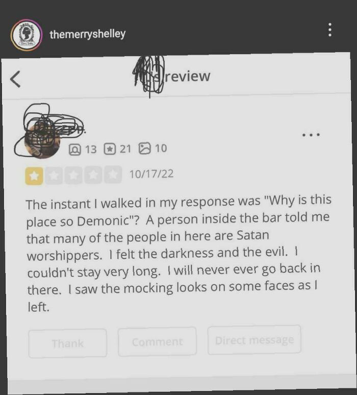 One-star customer review describing a bar as demonic and full of Satan worshippers in delusional customer reviews.