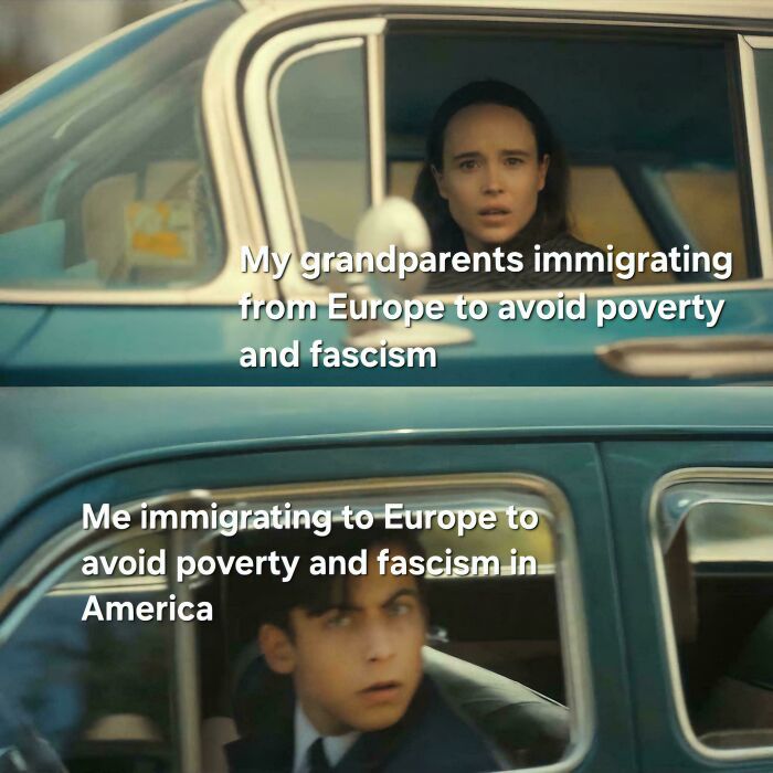 Two people in separate vintage cars, illustrating posts and memes about immigration and life challenges hitting close to home.