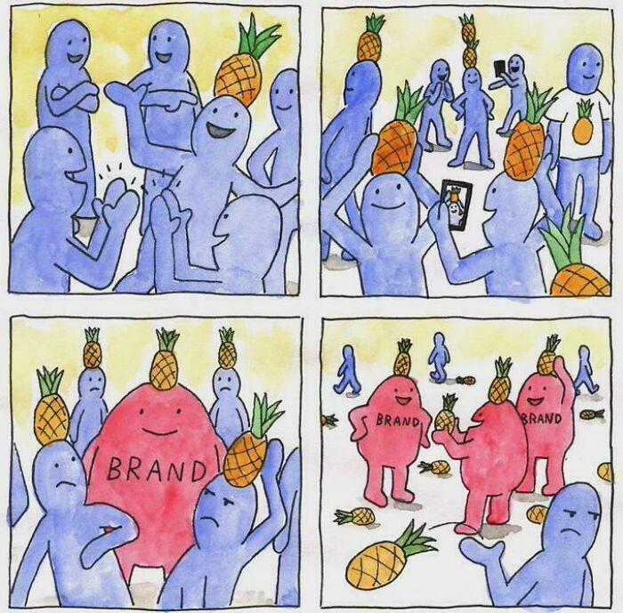 Cartoon showing blue characters with pineapples interacting, with red "brand" characters representing marketing in life memes.