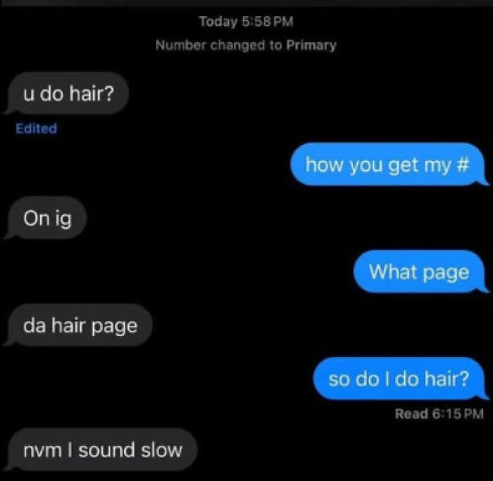 Text message exchange about doing hair, shared in a relatable posts and memes format about our lives.
