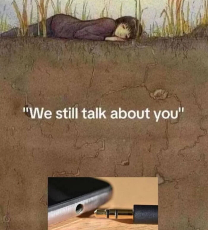 Illustration showing a person lying on the ground with a headphone jack and the text about posts and memes hitting close to home.