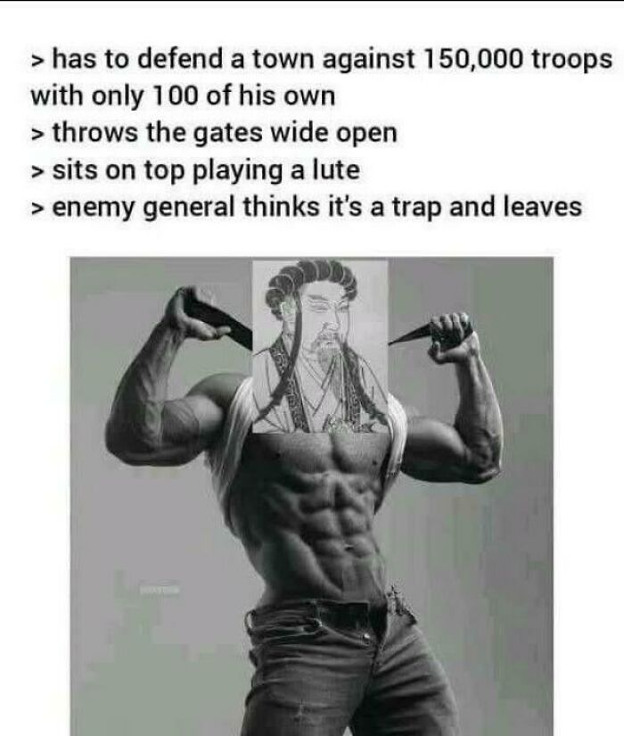 Meme showing a muscular man with an ancient general's face, referencing posts and memes that hit close to home.