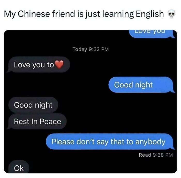 Text message meme showing a friend learning English, humorously mixing up phrases about life in relatable posts and memes.