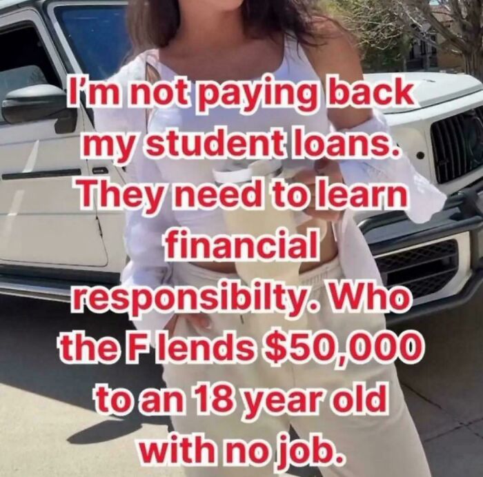 Person holding a drink with text about student loans and financial responsibility in relatable life memes and posts.