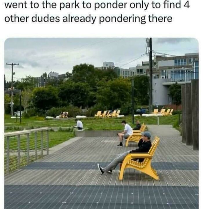 Four people sitting separately on benches in a park reflecting the relatable posts and memes about our lives.