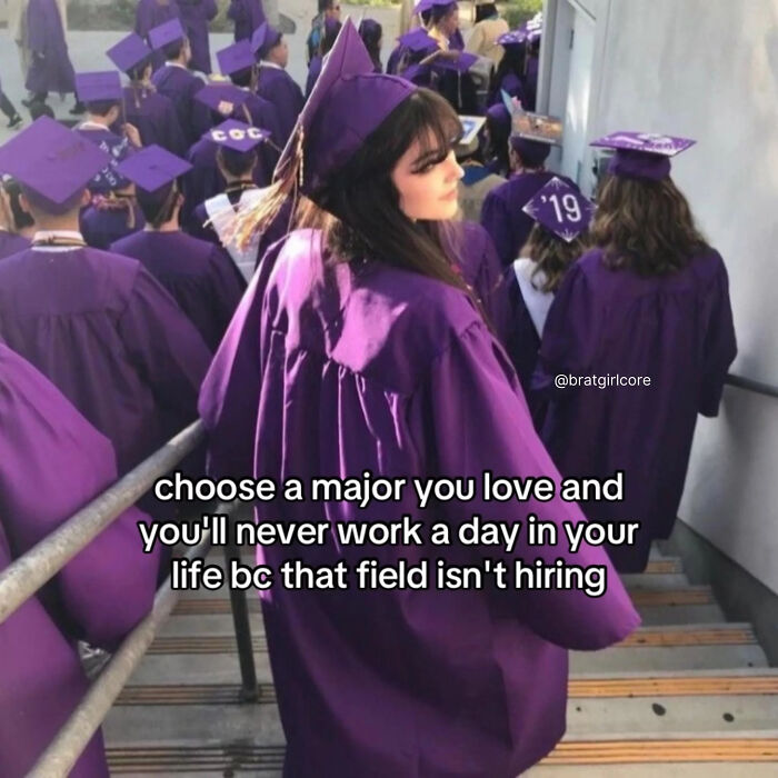 Graduates in purple caps and gowns with a meme about choosing a major and job market struggles, capturing life moments.