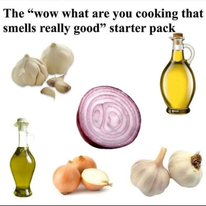 Starter pack of garlic, onions, and olive oil representing posts and memes about our lives that hit close to home.