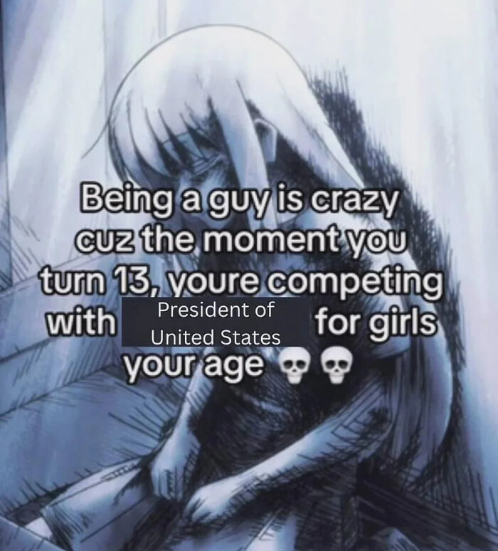 Anime-style drawing of a boy sitting alone, with a relatable meme about teenage life and competing for attention.