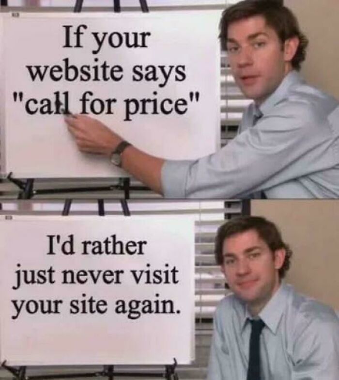 Man presenting a meme about website pricing, illustrating relatable posts and memes about our lives that hit close to home.