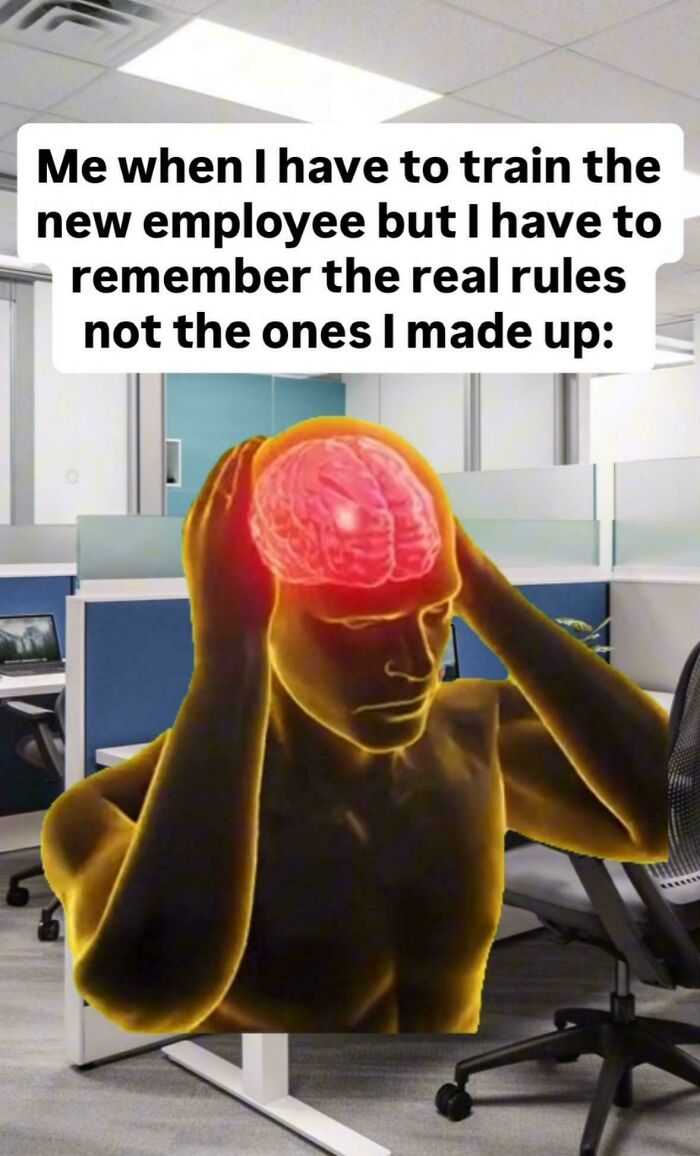 Office worker meme showing a glowing brain thinking hard, representing posts and memes about lives hitting close to home.