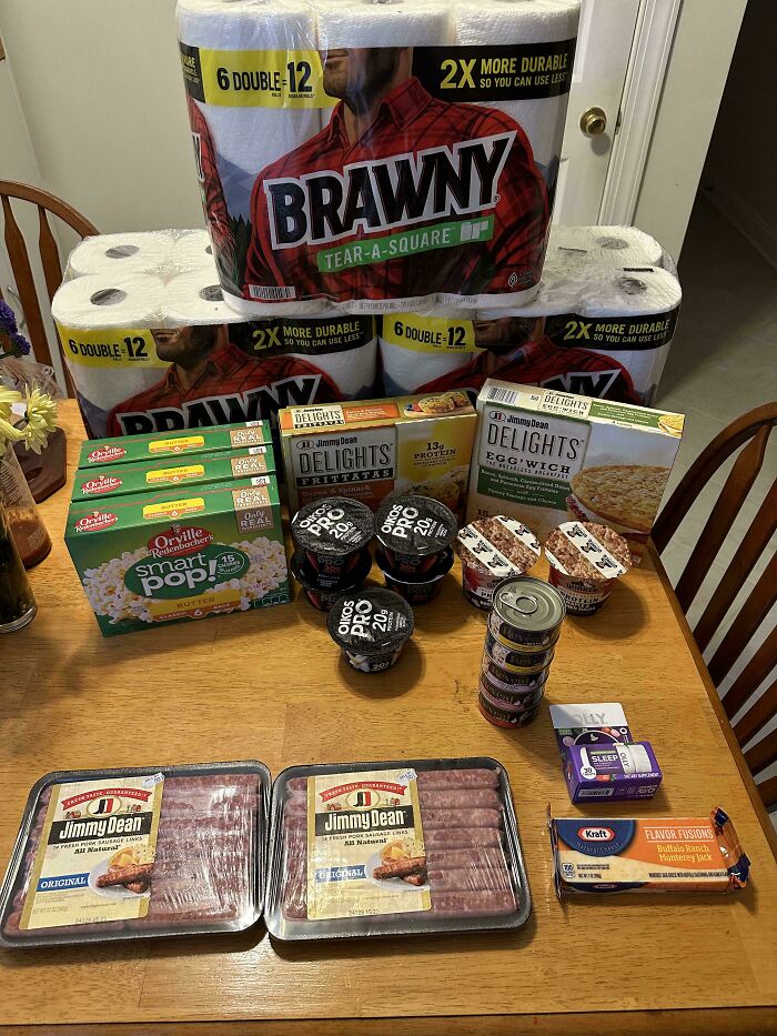Groceries including paper towels, sausages, snacks, and dairy products displayed on a wooden table showing local grocery costs.