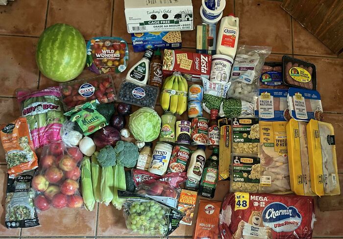 Assorted groceries including fruits, vegetables, dairy, and pantry items showing cost differences where people live