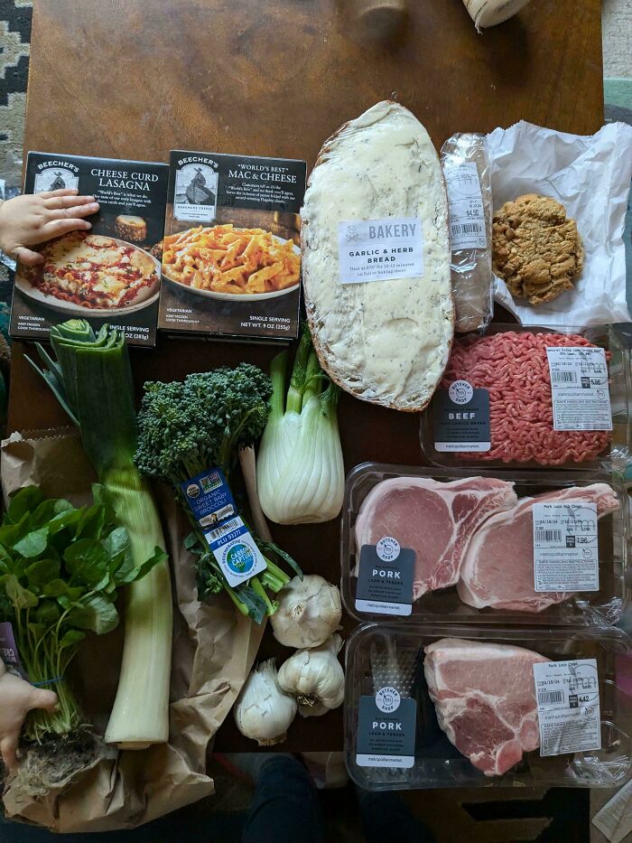 Various groceries including meat, vegetables, bread, and packaged meals showing typical grocery costs where people live.