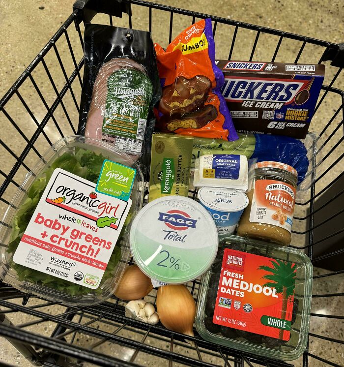 Shopping cart filled with assorted groceries including greens, yogurt, dates, peanut butter, and deli meat showing grocery cost variation.