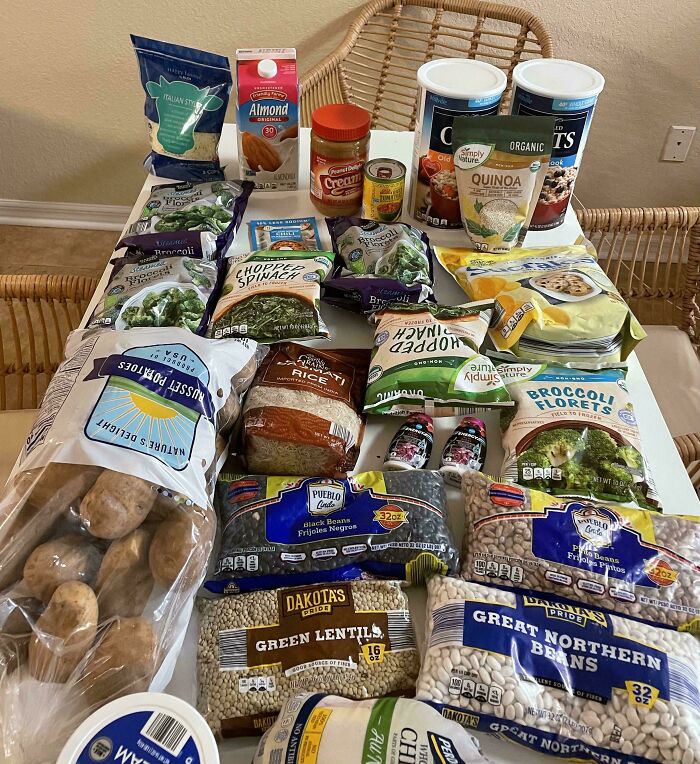 Various groceries including vegetables, beans, rice, and pantry staples showing the cost of groceries where people live.