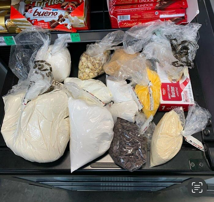 Various groceries including packaged nuts, powders, and chocolate bars displayed to show grocery costs where people live.