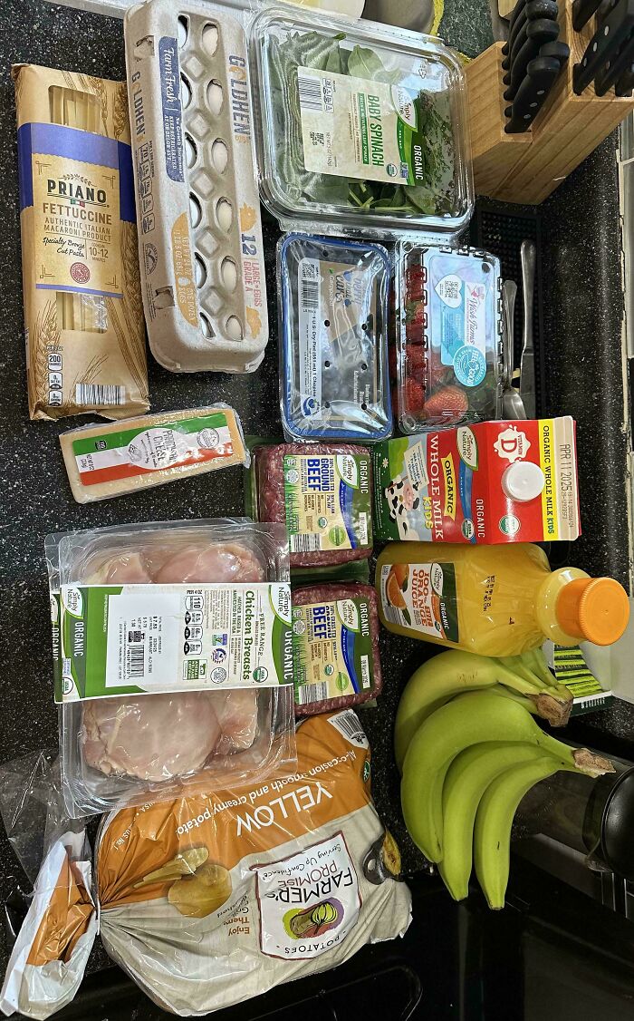 Assortment of groceries including organic meat, produce, dairy, and pantry items showing local grocery costs.