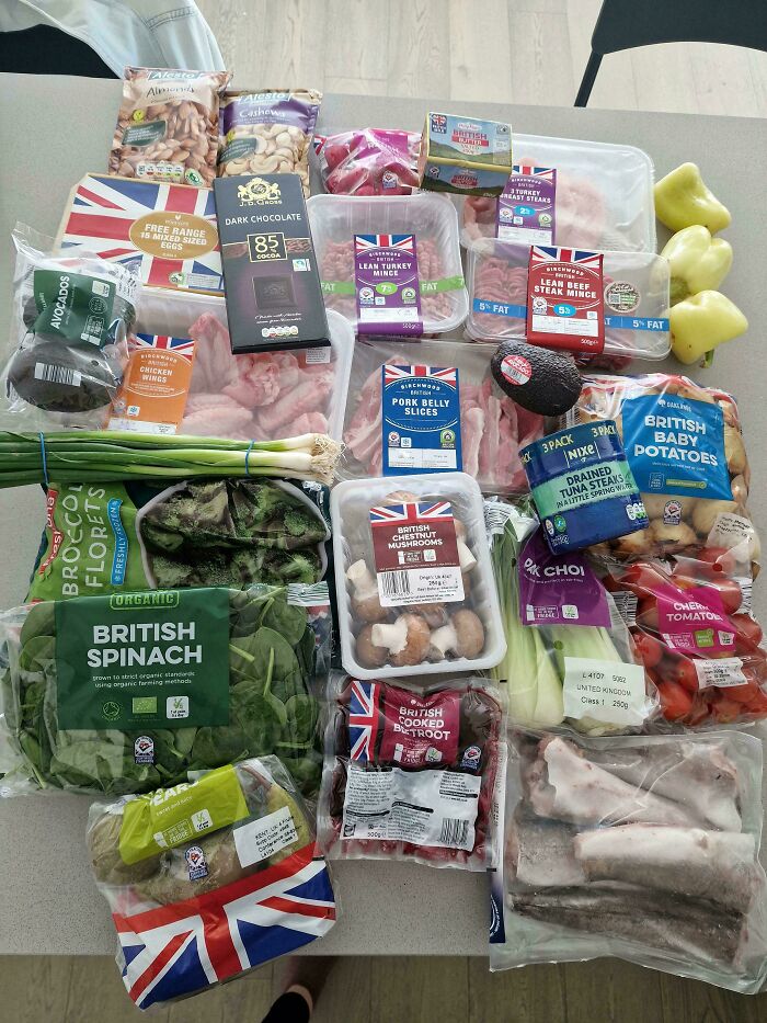 Groceries laid out on a table showing cost and variety of food items where they live in the UK.