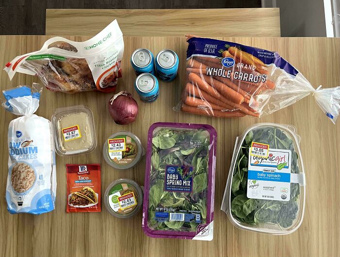 Groceries including chicken, carrots, spinach, soda, and spices displayed on a wooden table showing local grocery costs.