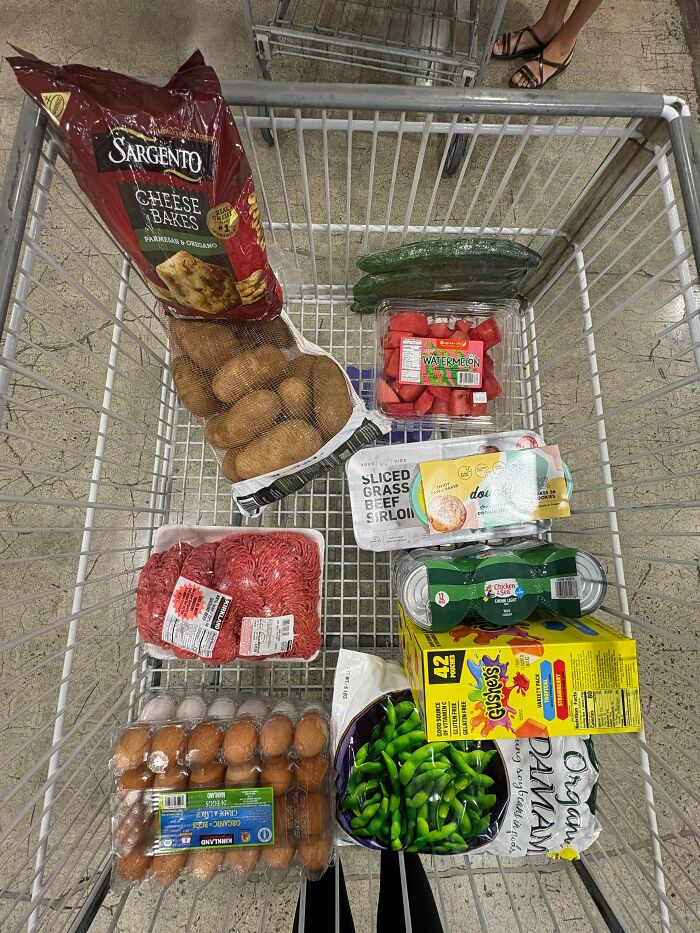 Grocery cart with various items including meat, eggs, cheese, vegetables, and snacks showing grocery costs where they live.