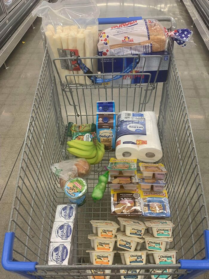 Grocery cart filled with various items including yogurt, bananas, bread, and paper towels showing grocery costs where they live.