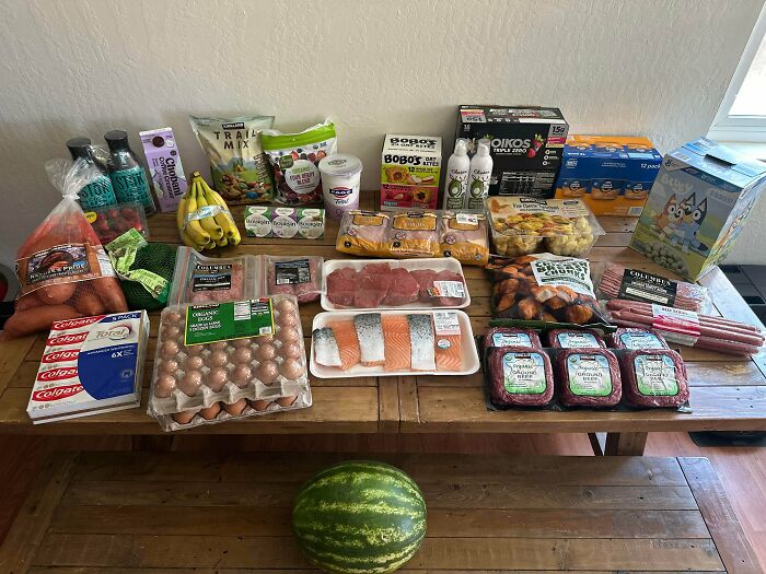 Various groceries including meat, dairy, fruits, and snacks displayed on a wooden table showing grocery costs.